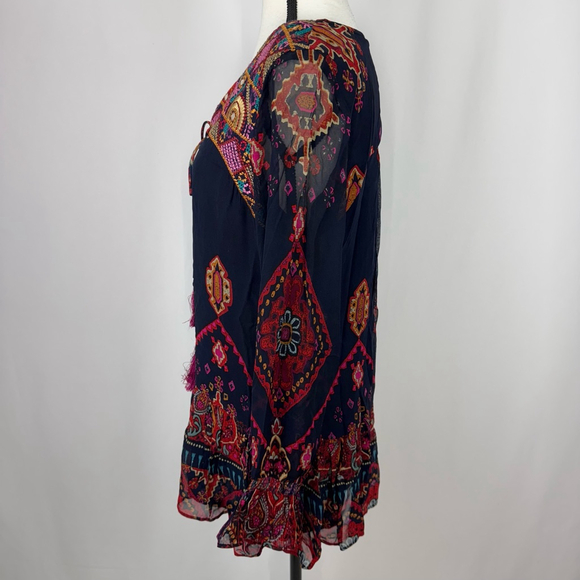 Soft Surrondings Iskra Beaded Tunic Top Womens S Blue Multi Tassel Boho Hippie - Picture 3 of 12
